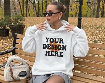 Gildan 18500 Hoodie Model Mockup | Oversized Hoodie Mockup | Hoodie Fall Mockup | White Hoodie Mockup, G185 White Mockup, Trendy mockup Fall