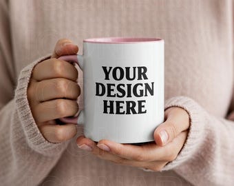Pink Accent Mug Mockup | White Mug with Pink Handle & Interior | Custom Design Mockup | POD MockUp Cozy Boho Aesthetic Coffee Cup Mockup
