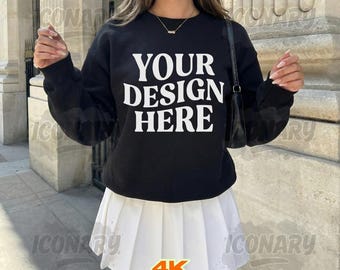Gildan 18000 Black Sweatshirt Mockup, G180 Streetwear Crewneck Black Sweater Mock Up, G18000 Trendy Street Style Outdoor Mockup Lifestyle