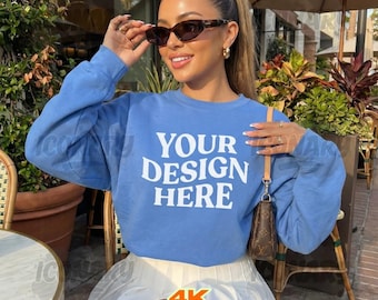 Gildan 18000 Carolina Blue Mockup Blue Sweatshirt Mockup Oversized Blue Crewneck Mockup Model 18000 Gildan Blue Mock up Trendy G180 Mockup