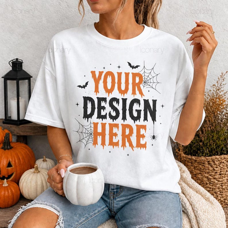 Comfort Colors C1717 White Shirt Mockup | CC 1717 White T-shirt Mock-up | Model Mock | Trendy Spooky Fall Halloween Aesthetic Tshirt