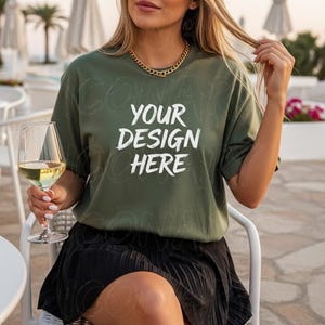 Comfort Colors C1717 Moss Shirt Mockup | Green Tshirt | Oversized Mockup | Model Mock Up | Moss Comfort Color Shirt Mockup | Summer Beach