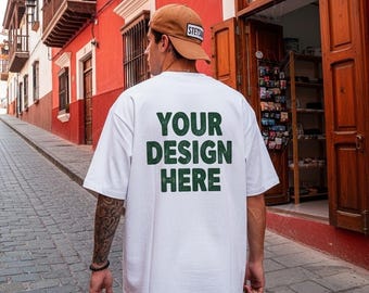 ホワイト コンフォートカラーズ 1717 モックアップ メンズ バック Tシャツ モックアップ タトゥー入り男性モデル モック C1717 ホワイト モックアップ コンフォートカラーズ バックホワイト モックアップ ストリート