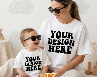 Ostern weißes Hemd Mama Baby Kinder Familie Mockup, weißes Bella Canvas 3001 T-Shirt trendiges Muttertagsthema Mockup, weißes Rundhals-T-Shirt