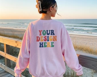 Gildan 18000 Light Pink Back Mockup, Light Pink Sweatshirt Lifestyle Mock, Pink Crewneck Outdoor Mocks for Pinterest Trendy Aesthetic 18000