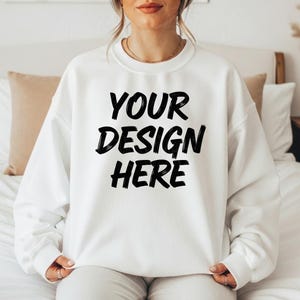 Gildan 18000 White Sweatshirt Mockup | G180 White Crewneck Mockup | Model Mock | Gildan 18000 White Sweater | Simple Natural Basic Mockup