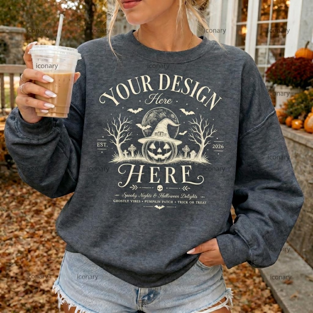 Dark Heather Gildan 18000 Fall Mockup, G180 Sweatshirt Halloween Mockup (Digital Download)