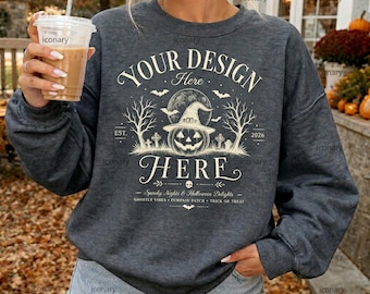 Dark Heather Gildan 18000 Fall Mockup, G180 Sweatshirt Halloween Mockup (Digital Download)