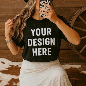 Comfort Colors 1717 TShirt Mockup Western Styled C1717 Mock-up Seaside Cowgirl PNG Coastal Cowgirl Hat Boho Country Aesthetic Digital Mockup