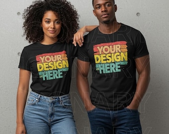 Modelos de casal, Bella Canvas 3001, Mockup de casal, Mockup de camiseta preta, Mockups de camisa de homem e mulher negros, Mockup afro-americano