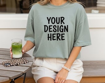 Comfort Colors Bay Mockup, C1717 Bay T-Shirt Mockup, Boho Woman Model Mockup, Green Tee Shirt Mockup Print On Demand, Lifestyle Outdoor Mock