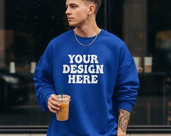 Royal Gildan 18000 Mockup, Gildan 18000 Crewneck Trendy Model Mockup, Royal Gildan 18000 heavy blend crewneck sweatshirt Mockup, G180 Mockup