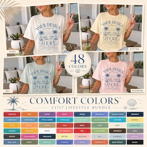 May include: A Comfort Colors C1717 t-shirt bundle featuring four short-sleeve shirts in ivory, butter, bay, and blossom colours. Each shirt displays a blue graphic with palm trees, a sun, and the text Your Design Here Sea Breeze Club.