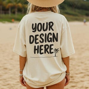 Comfort Colors Ivory Shirt, Back of C1717 Ivory Beach Mockup, Bachelorette Mocks, Ivory 1717 Oversized Trendy Summer Mock Up, Blonde Model