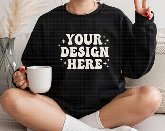 Gildan 18000 Black Sweatshirt Mockup | G180 Black Crewneck Mockup | Model Mock | Gildan 18000 Black Sweater | Simple Natural Basic Mockup