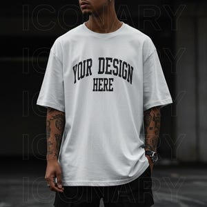 White Comfort Colors 1717 Unisex Tshirt mockup, mens fashion White oversized t-shirt mock up, man model, Street Cool Manly Tattoo mockup