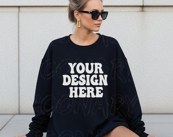 Gildan 18000 Black Mockup Oversized Black Hoodie Mockup 18000 Gildan Black Mock Up Black Crewneck Black Street Mock Outdoors Black Mockup