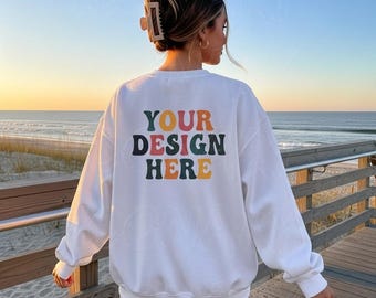 Gildan White 18000 Back Mockup | Beach Mockup Gildan 18000 White | 18000 White Back Mockup | G180 Mockup Aesthetic Outdoors Beach Mockup