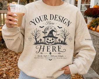 Sand Gildan 18000 Fall Mockup, G180 Sweatshirt Halloween Mockup (Digital Download)