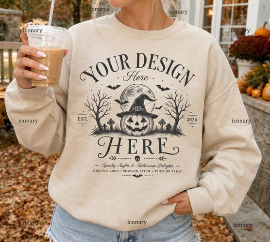 Sand Gildan 18000 Fall Mockup — G180 Sweatshirt Halloween Mockup