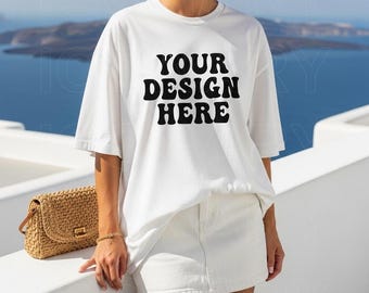 Summer Beach White TShirt Mockup, Comfort Colors 1717 White Mockup, White C1717 Shirt Mockup, 1717 Tee Mock-up, Blond Woman Model