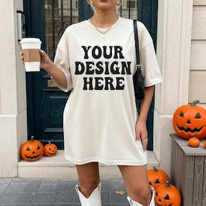 Ivory Comfort Colors C1717 Tshirt Halloween Mockup Model Mockup Halloween Oversized Shirt Mockup Spooky Fall 1717 Ivory Tshirt Mockup Trendy