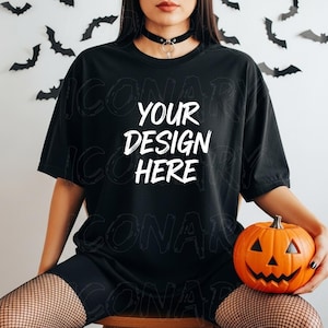 Comfort Colors C1717 Black T-Shirt Mockup, Halloween Tee Mockup Template, Fall Apparel Design, Digital Download, Oversized Print on Demand