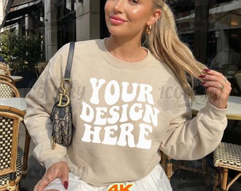 Gildan 18000 Sand Sweatshirt Mockup, Sweater Mockup, Crewneck Mockup, Neutral Sand Hoodie Mock, Gildan 18000 Sand Tee Casual Sand Sweatshirt