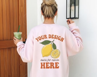 Gildan Light Pink 18000 Back Mockup | Summer Mockup Gildan 18000 Light Pink | 18000 Back Mockup G180 Mockup Aesthetic Outdoors Beach Mockup