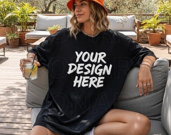 Comfort Colors C1717 Black Shirt Mockup, Summer Beach Mockup, CC1717 Black T-Shirt Mockup, Graphic Tee Mockup, Black Shirt Mockup, Digital