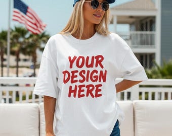 Independence Day Mockup Comfort Colors C1717 White Shirt Summer Boho Mockup Lake Mockup Model Mockup Tee 4th of July Mockup Model Mockup