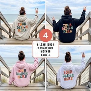 以下が含まれることがあります： ベージュ、黒、ピンク、白の4つのGildan 18500スウェットシャツモックアップ。各パーカーには、レトロなフォントで「YOUR DESIGN HERE」というテキストがあります。画像には、木の遊歩道とビーチのシーンが含まれています。