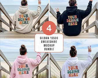 Gildan 18500 Back Mockup Bundle Beach Hoodie Mockup Bundel Zandwit Back of Gildan 18500 Mock Outdoor Oversized Trui Lifestyle Trendy