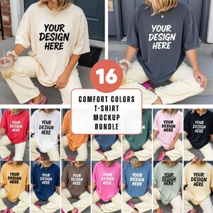 May include: A mockup bundle of 16 Comfort Colors t-shirts in various colors, each featuring the text "YOUR DESIGN HERE." The shirts are displayed on models, showcasing the different color options available.