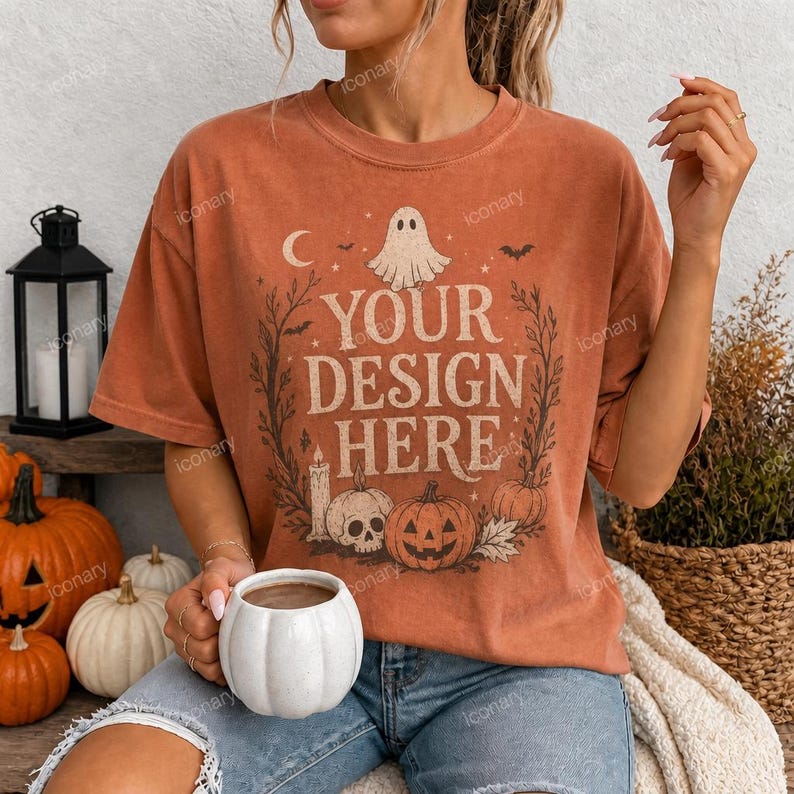 May include: A rust-colored short-sleeve t-shirt featuring a graphic print with a ghost, a skull, a pumpkin, and the text "YOUR DESIGN HERE" surrounded by a wreath of branches. The shirt is worn with blue denim jeans and held with a white mug.