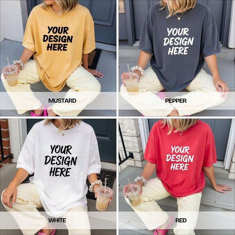 May include: Four oversized t-shirts in mustard, pepper, white, and red. Each shirt features the text "YOUR DESIGN HERE" in a bold, white font. The shirts are paired with cream-colored pants.