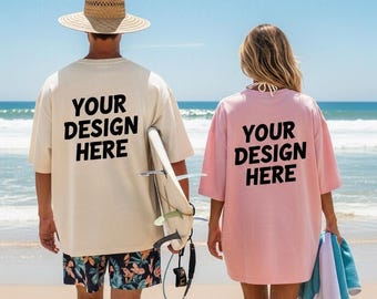 Couples Back Mockup Comfort Colors C1717 Ivory & Blossom Trendy Oversized Shirt 2 Person Model TShirt Mockup Bride Summer Tee Mockups Groups