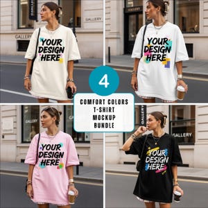 May include: A mockup bundle of four t-shirts in different colors: cream, white, pink, and black. Each shirt features the text "YOUR DESIGN HERE" in a colorful design. The image also includes the text "COMFORT COLORS T-SHIRT MOCKUP BUNDLE".