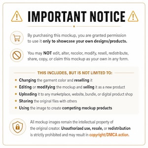 May include: A white rectangular sign with black text titled IMPORTANT NOTICE. It outlines usage terms for a digital mockup, prohibiting editing, reselling, or redistributing the file. Icons include a shopping cart, a prohibition sign, and a shield.