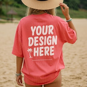 Comfort Colors C1717 Watermelon Shirt Mockup | Watermelon Tshirt | Oversized Back Mockup | Pink Comfort Color Shirt Mockup | Summer Beach