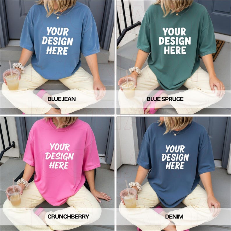 May include: Four short-sleeved t-shirts in different colors: blue jean, blue spruce, crunchberry, and denim. Each shirt has the text "YOUR DESIGN HERE" in white. The shirts are displayed on a person sitting on a porch.