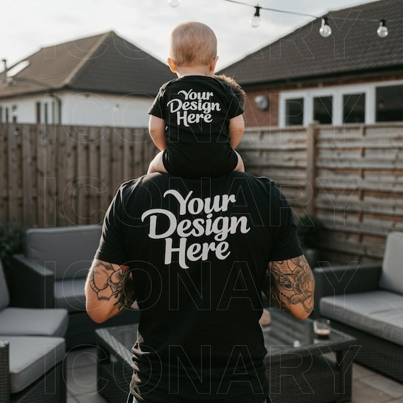 Daddy and me shirt Mockup, Baby Bodysuit Family Tshirt mockup, Back of Gildan 64000 Mockup Men Shirt Mockup, Tattooed Model Mockup