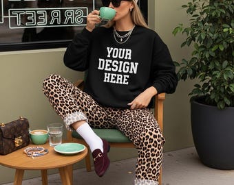 Gildan 18000 Mockup | Gildan Black Sweatshirt Mockup | Sweatshirt Model Mockup | Lifestyle Mockup | Black Gildan Oversized Crewneck Mockups