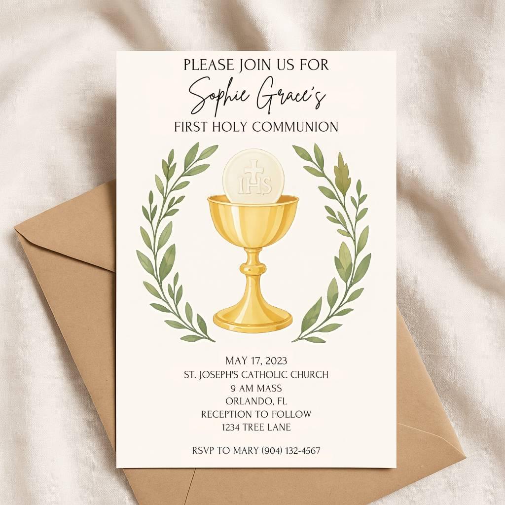 Traditional First Communion Invitation - First Holy Communion - 1st Communion Digital Download Invitation - Customizable Eucharist Invite