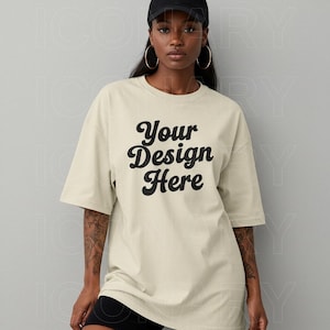 Black Girl Model Ivory Comfort Colors CC17 Plus Size Black Model CC1717 Oversized Boyfriend Fit Lifestyle Mockup Black Girl Aesthetic Mockup