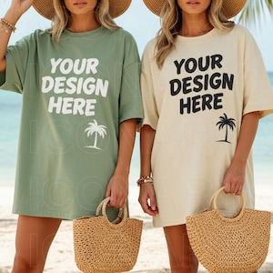 Summer Comfort Colors C1717 Ivory & Bay Group Shirt Mockup 1717 Ivory Bay Green T-shirt Mock-up Model Trendy Bachelorette Double Mocks Beach