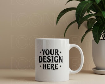 Maqueta de taza, maqueta de taza de café blanco de 11 oz, fotografía de stock estilizada, maquetas de tazas de cerámica en blanco, foto profesional de estilo de vida con planta
