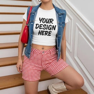 Gildan 5000B Trendy Baby Tee Mockup | Cowgirl Womens White Baby Tee Tshirt Mockup Trendy Selfie Crop Top Baby Tee Mockup Styled Model Mockup
