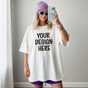 White Comfort Colors C1717 Lifestyle Model Mockup Oversized Tee, Aesthetic Mock Up, Trendy Model, Y2K, Street Style Mock Up, Mirror Selfie