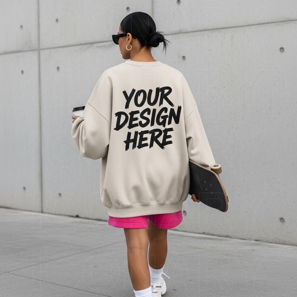 Gildan 18000 Mockup Sand, Oversized Back of Sweatshirt, Model Mockup, Aesthetic Mockup, Streetwear, Street Style Lifestyle Mock Up, Printify